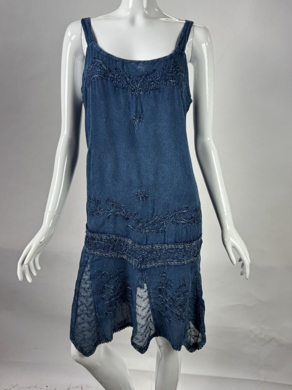 Rima Beach World Embroidered Blue Spaghetti Strap Dress L 100% Viscose India